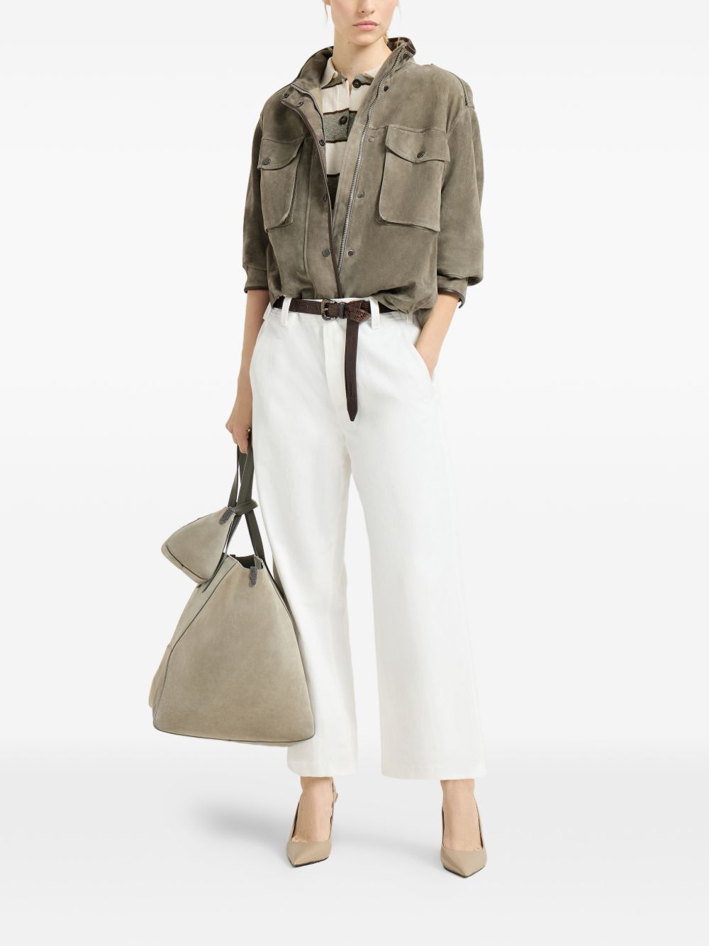 Brunello Cucinelli Giacca verde in suede con zip e bottoni, view 2