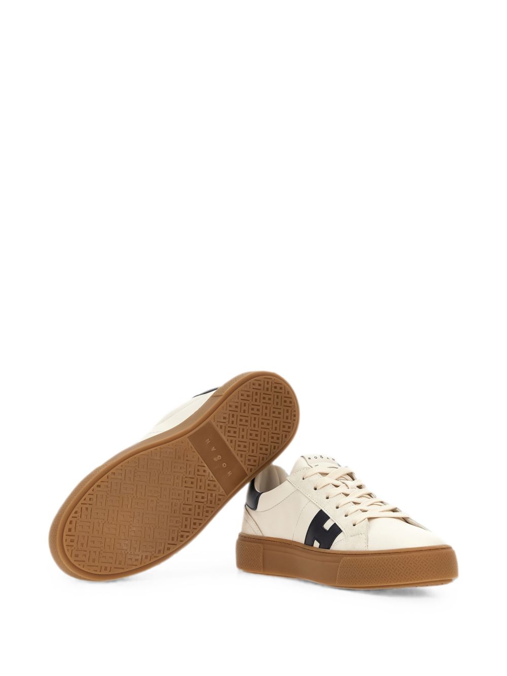 Hogan Sneakers in suede beige chiaro con logo H blu, view 2