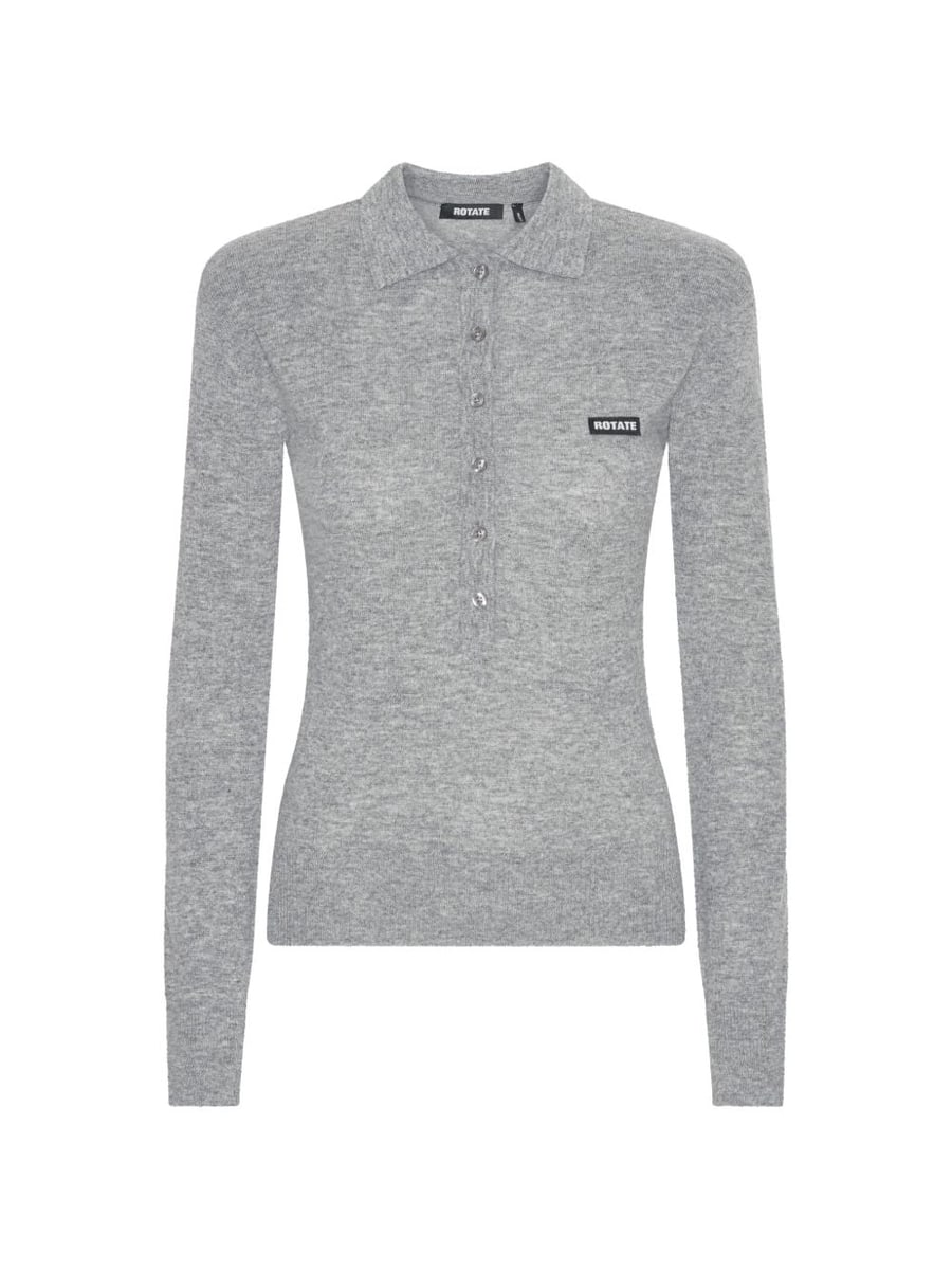 ROTATE Polo in maglia grigio mélange in lana merino e cashmere