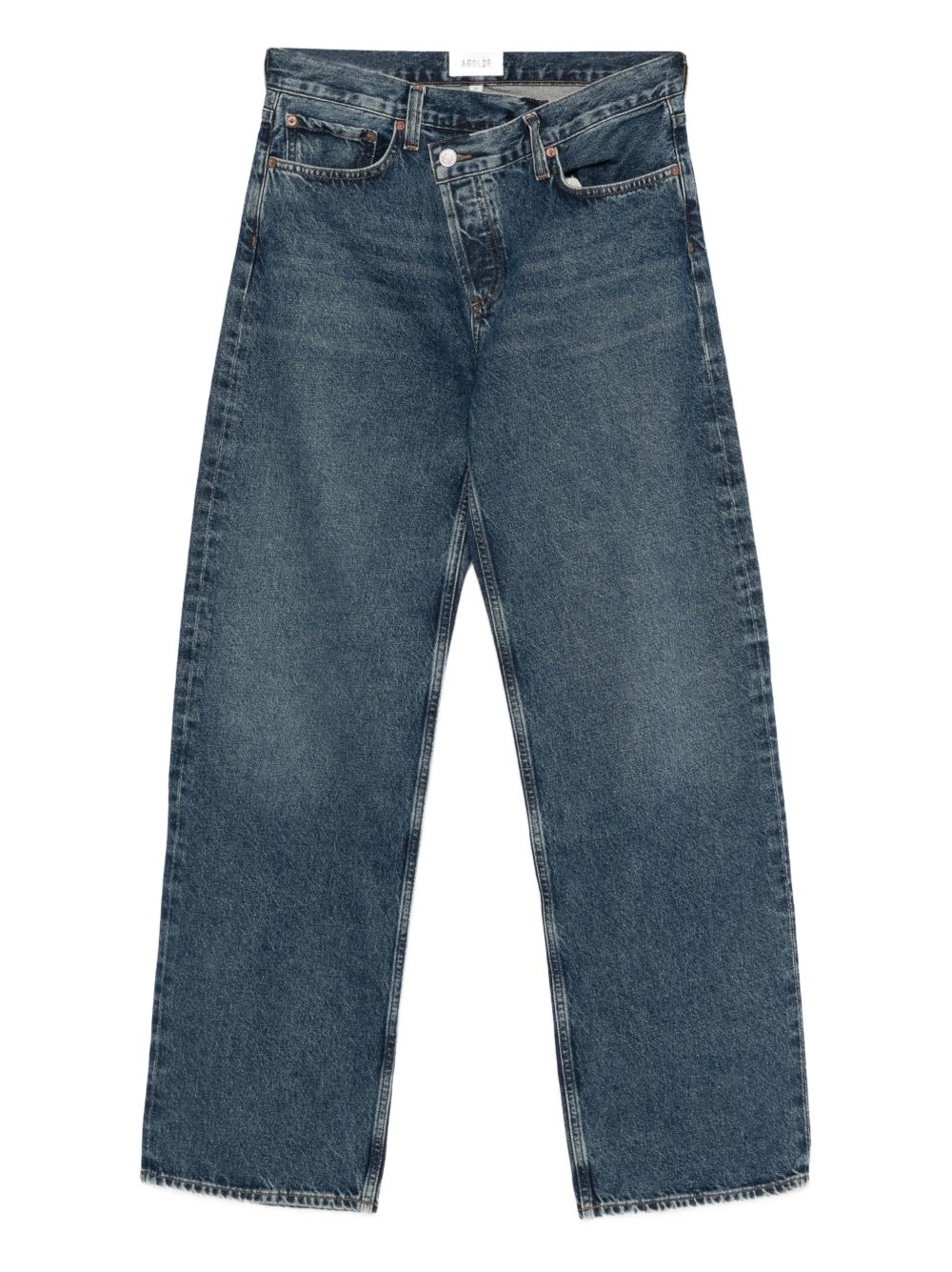 AGOLDE Jeans blu barrel con chiusura asimmetrica ed effetto wash