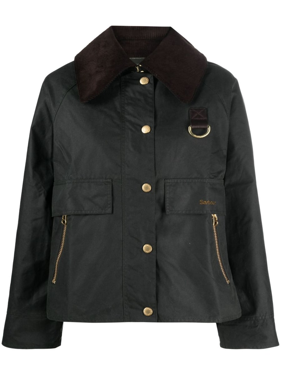 BARBOUR Giacca corta verde scuro con colletto in velluto e tasche