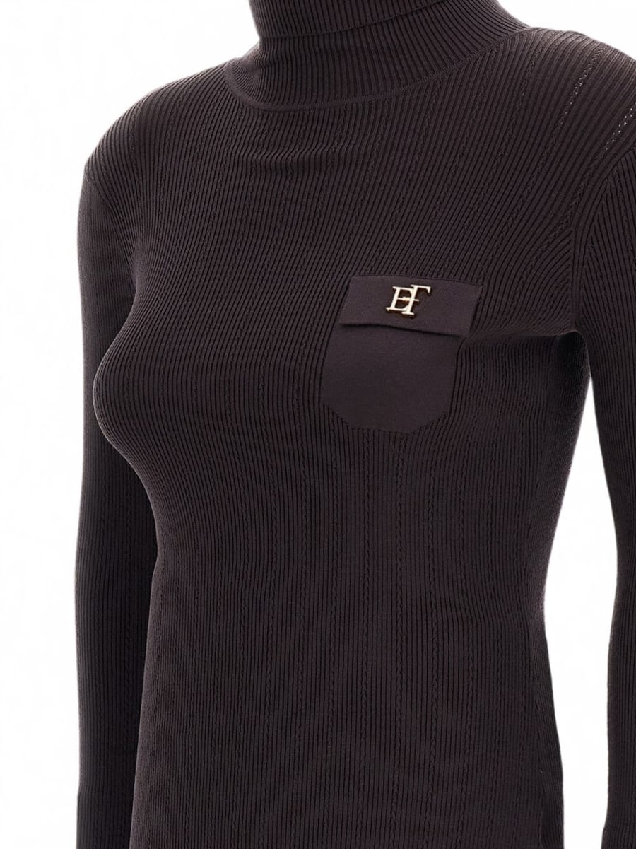 Elisabetta Franchi Maglia a collo alto a costine con taschino sul petto marrone, view 3