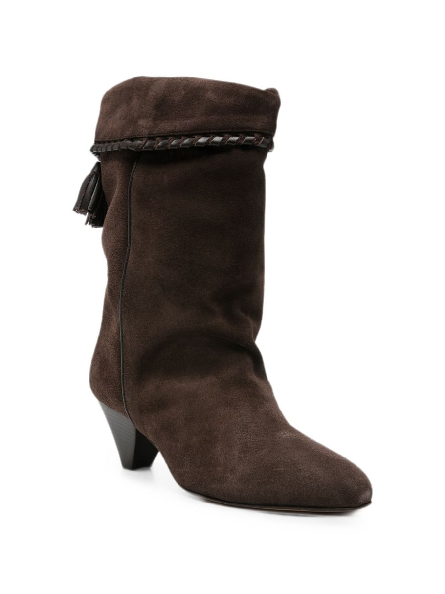 Isabel Marant Stivali Dalby in suede marrone con nappe e dettagli intrecciati, view 3