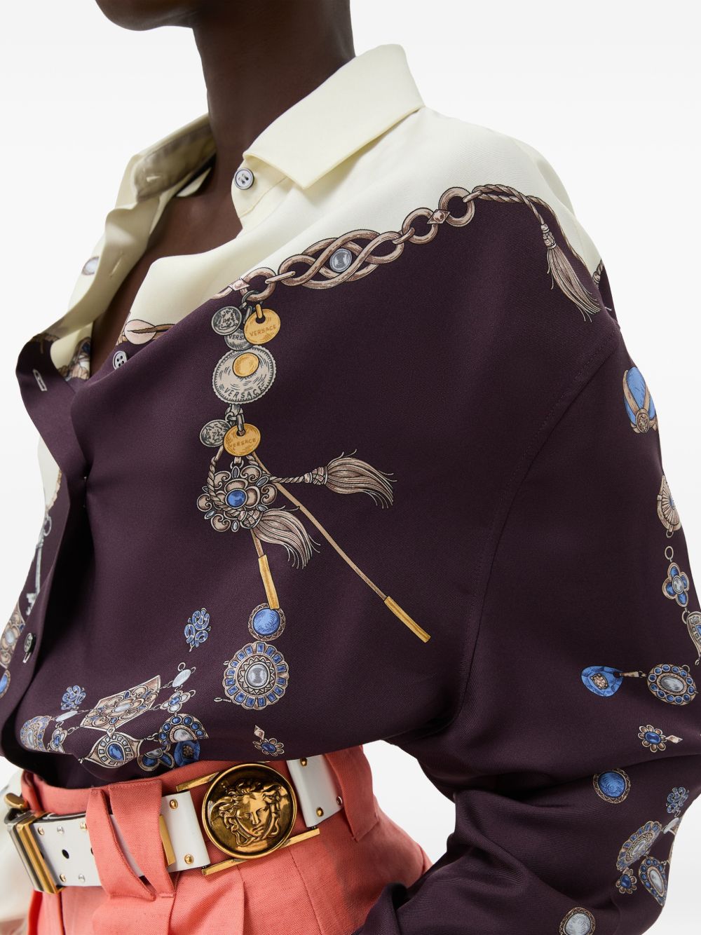 Versace Camicia in seta avorio e bordeaux con stampa multicolor, view 2