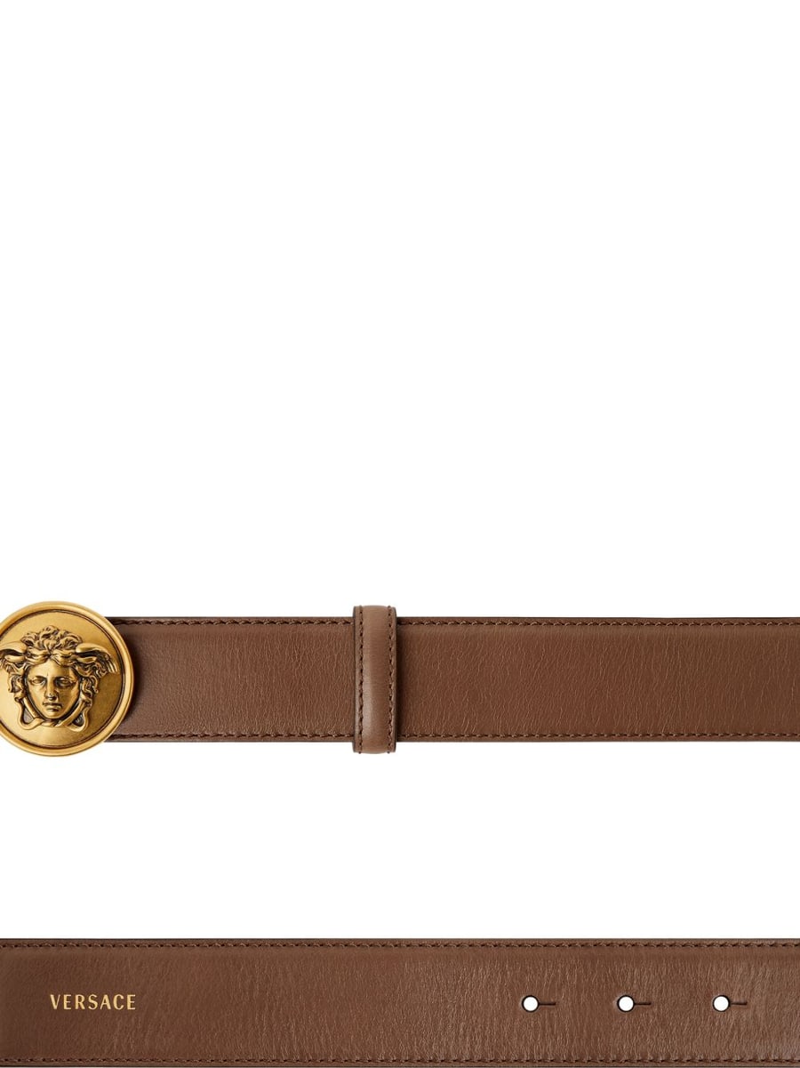 Versace Cintura in pelle marrone con fibbia Medusa dorata, view 2