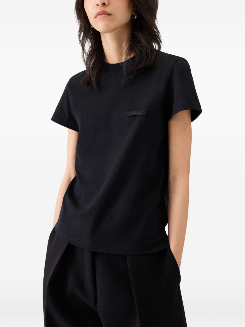 Jacquemus T-shirt nera in gros grain con logo, view 2