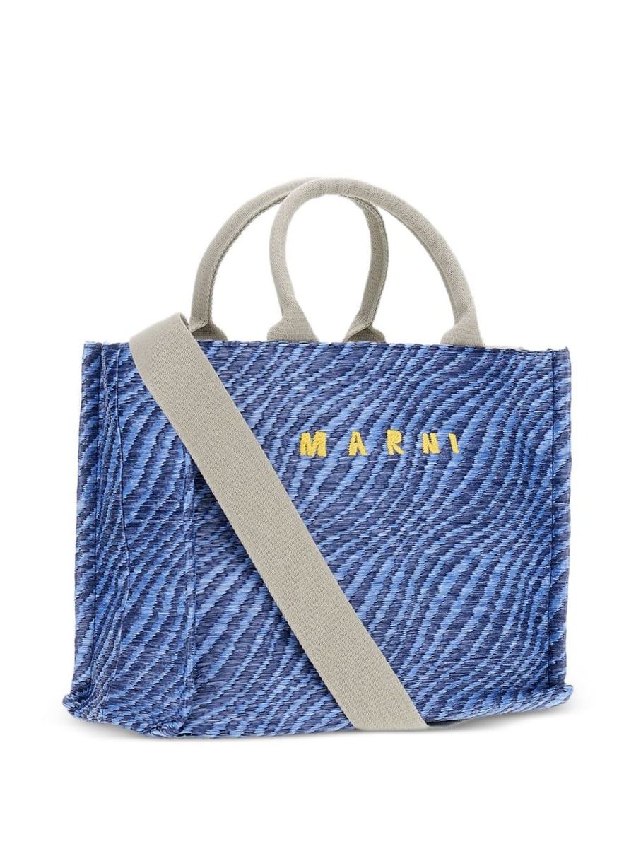 Marni Borsa tote motivo zebrato blu con logo e tracolla, view 2