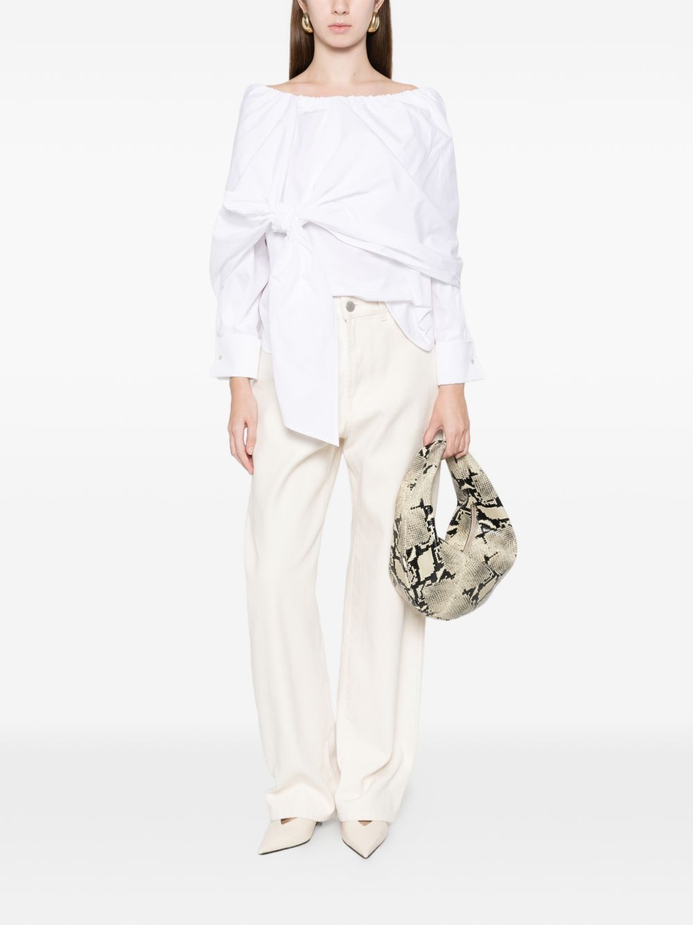 Max Mara Camicia Curvone in cotone bianco con fiocco, view 2