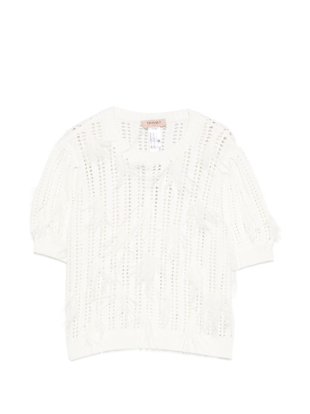 Twinset Maglia traforata bianca con dettagli in piume