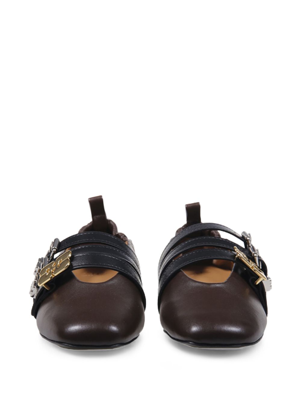 Ganni Ballerine in pelle marrone con lacci e logo dorato, view 2