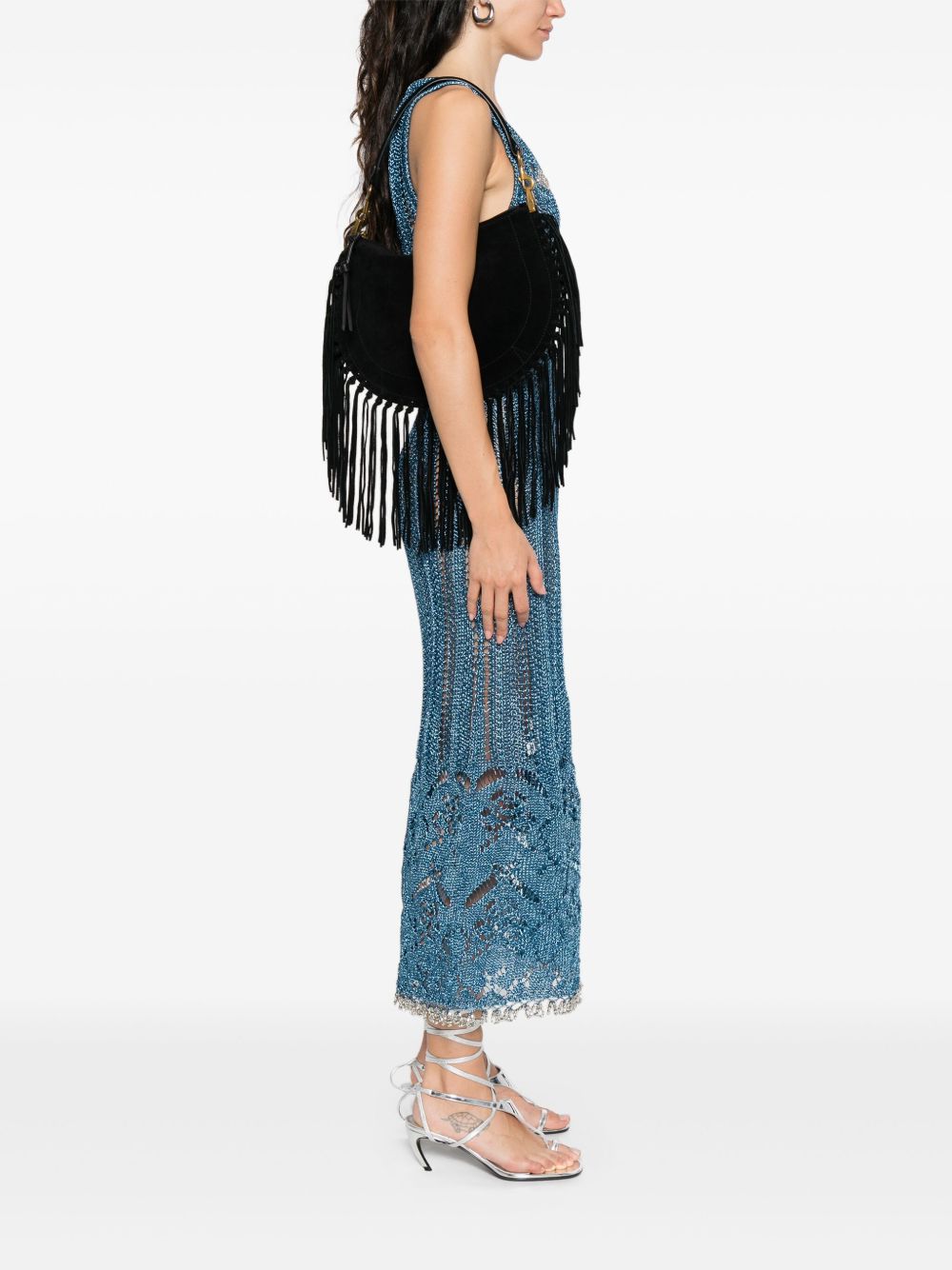 Isabel Marant Borsa a spalla nera in suede con frange stile rock, view 2