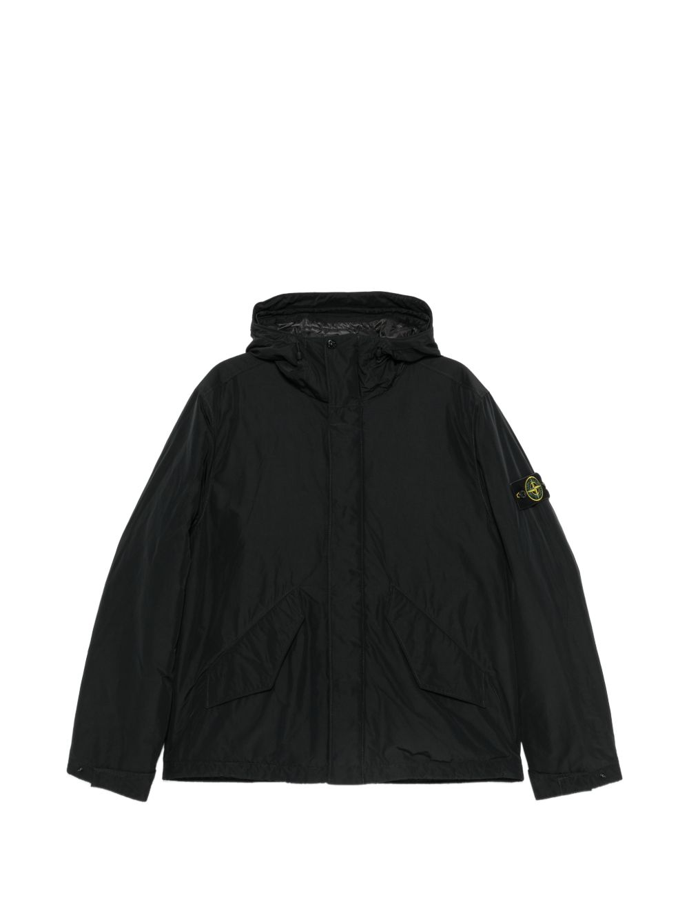 Stone Island Giacca nera in tessuto tecnico con cappuccio e logo patch