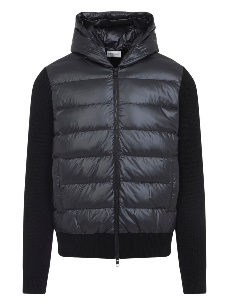 Moncler Giacca bomber nera imbottita con cappuccio e tasche laterali