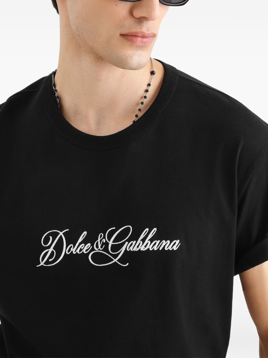 Dolce & Gabbana T-shirt con logo ricamato in cotone nero, view 3