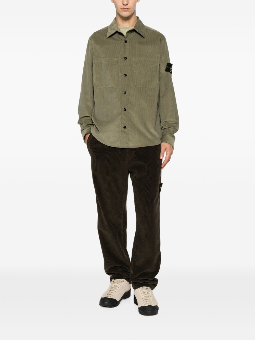 Stone Island Camicia in velluto a coste verde con logo, view 2