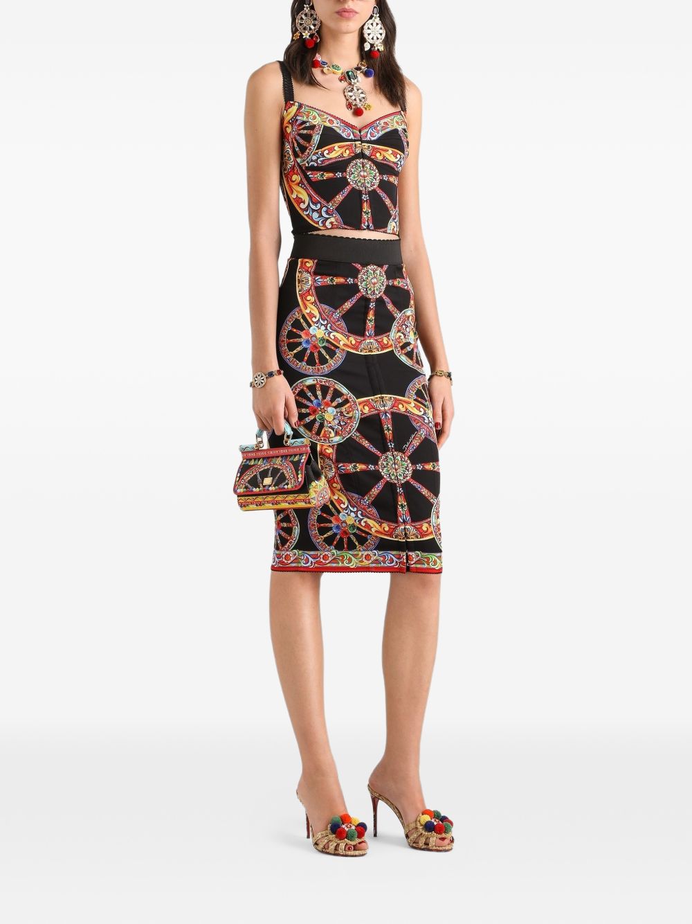 Dolce & Gabbana Gonna lunga in charmeuse con stampa Carretto multicolor, view 2