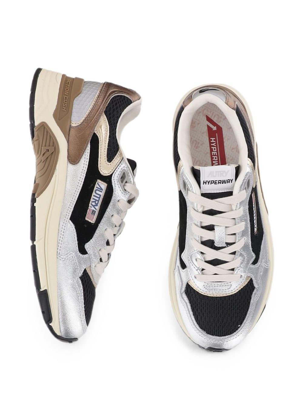 Autry Sneakers Hyperway in pelle e mesh argento, nero e marrone, view 2