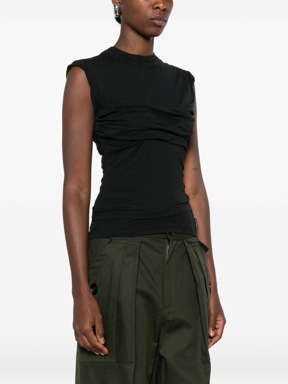 ALEXANDER WANG Top nero in cotone elasticizzato effetto arricciato, view 2