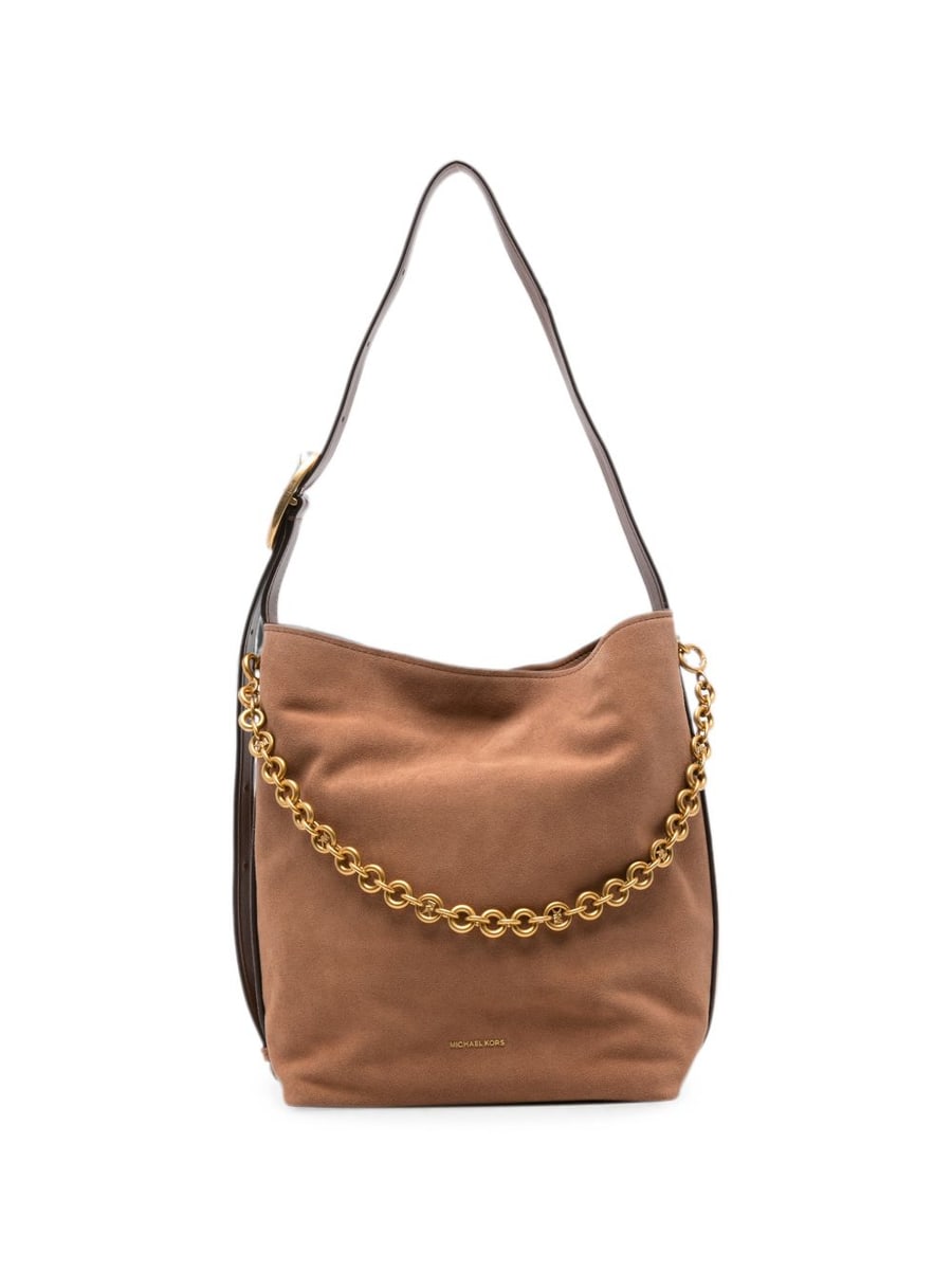 MICHAEL KORS Borsa bucket in pelle scamosciata marrone con catena dorata