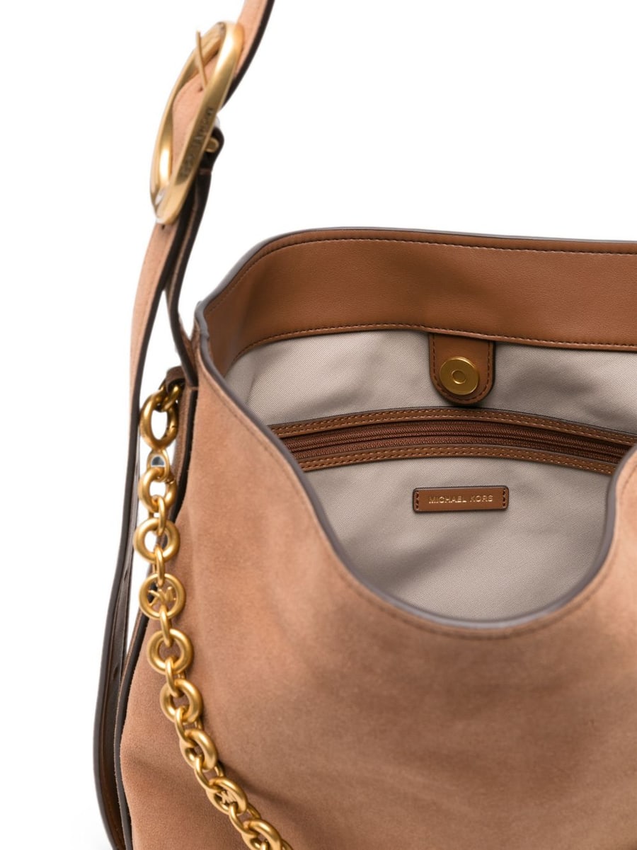 MICHAEL KORS Borsa bucket in pelle scamosciata marrone con catena dorata, view 3
