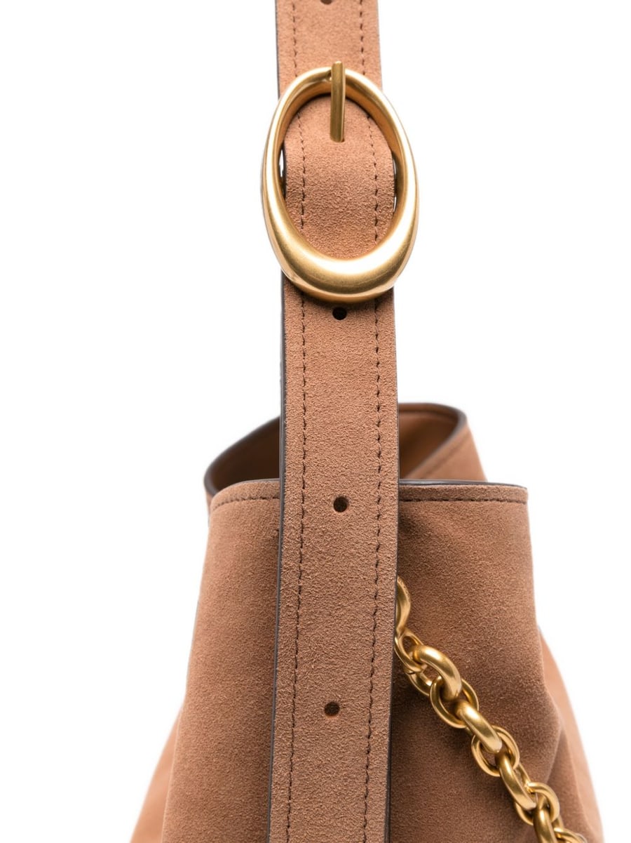 MICHAEL KORS Borsa bucket in pelle scamosciata marrone con catena dorata, view 4