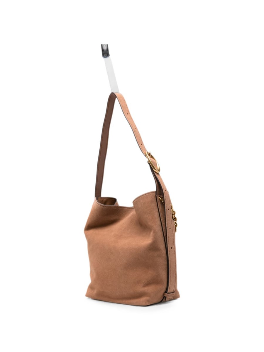 MICHAEL KORS Borsa bucket in pelle scamosciata marrone con catena dorata, view 5