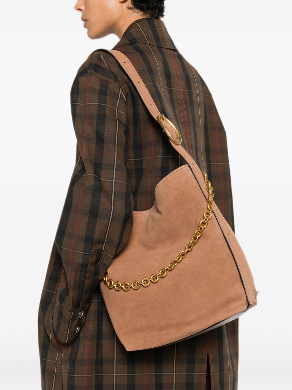 MICHAEL KORS Borsa bucket in pelle scamosciata marrone con catena dorata, view 2