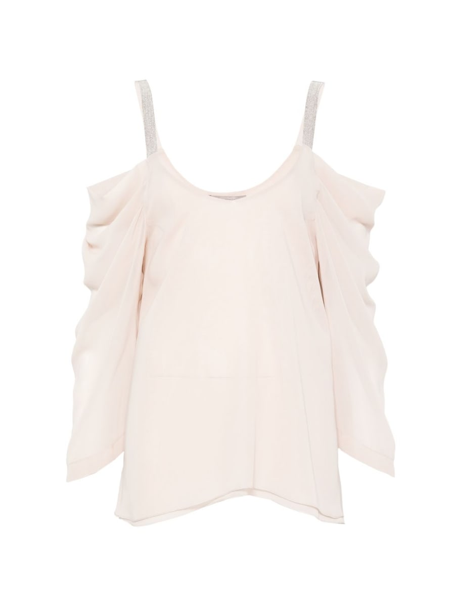 D EXTERIOR Blusa beige chiaro con strass cuciti sulle spalline