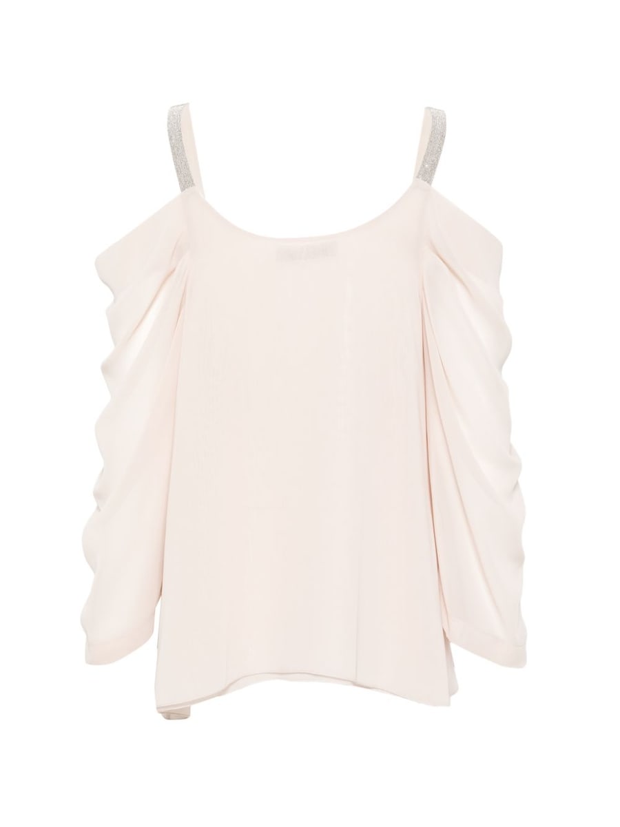 D EXTERIOR Blusa beige chiaro con strass cuciti sulle spalline, view 2