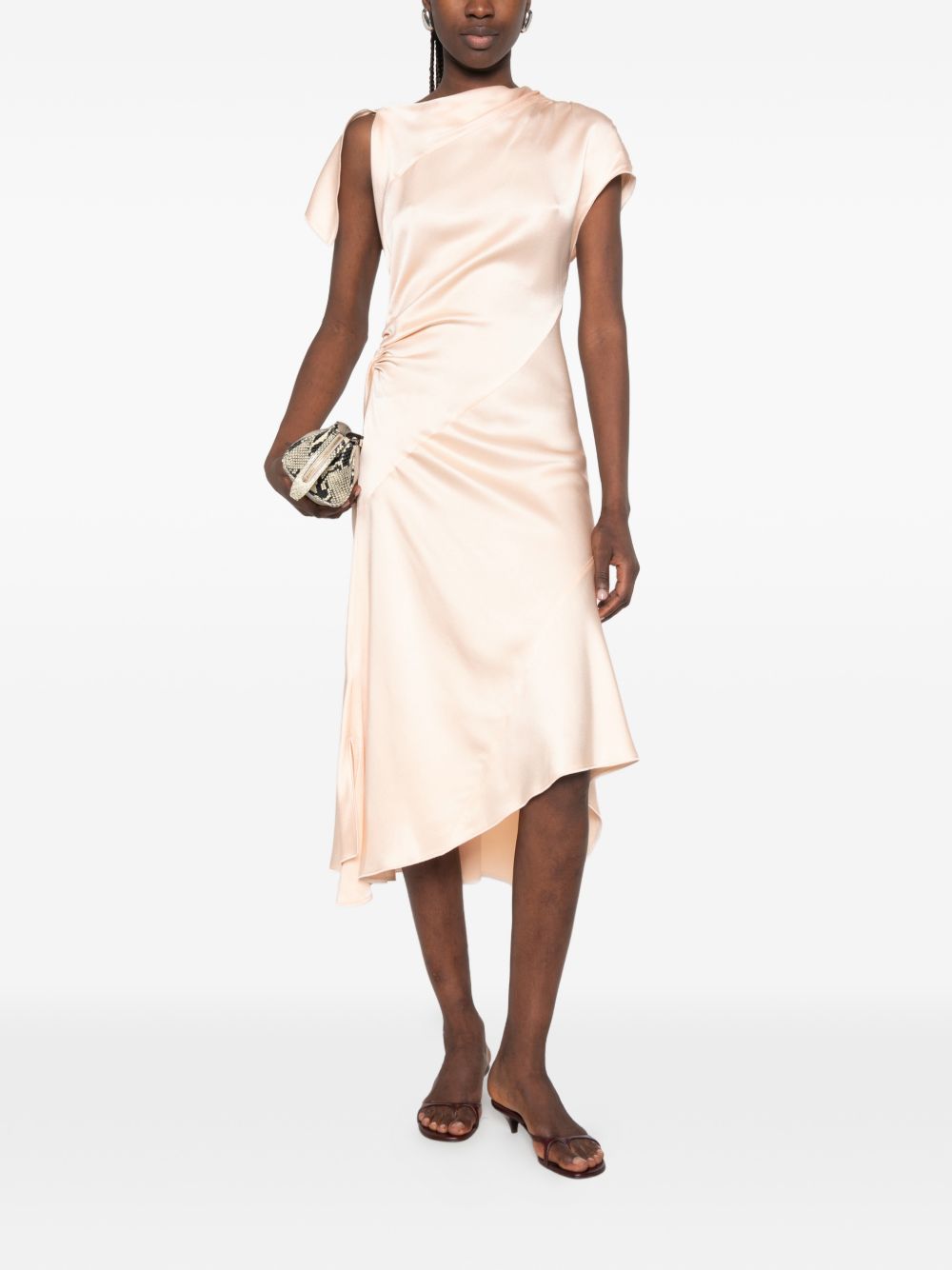 Victoria Beckham Abito midi satinato rosa chiaro con asimmetrie, view 2