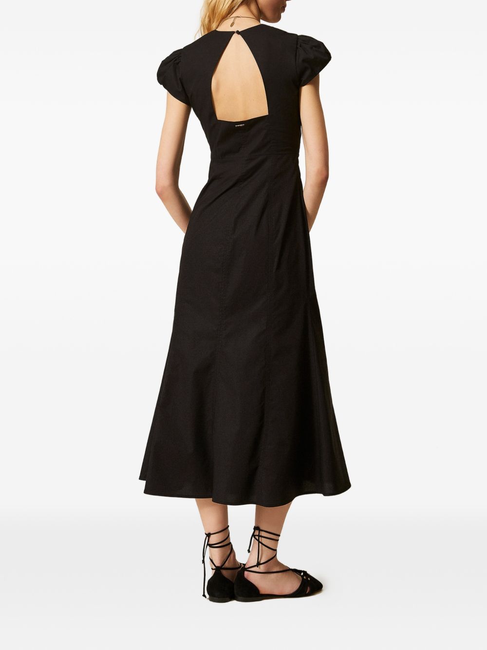 Twinset Abito midi in cotone elasticizzato nero con scollo a V, view 2