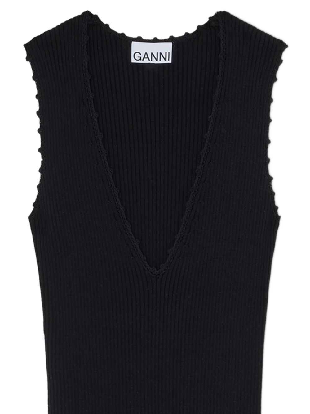 Ganni Abito lungo in maglia con scollo a V nero, view 2