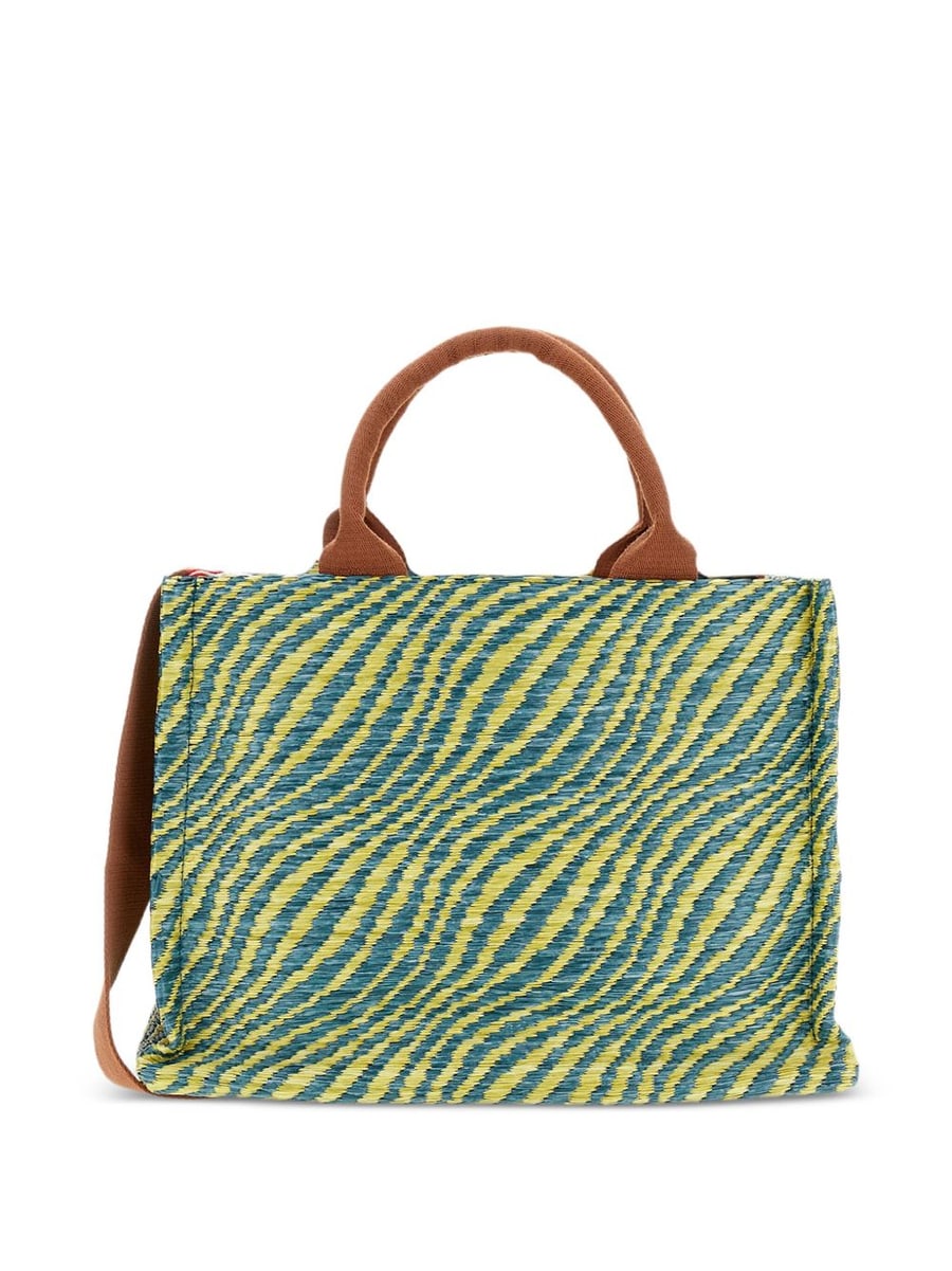 Marni Borsa tote motivo zebrato verde e giallo con logo e tracolla, view 2
