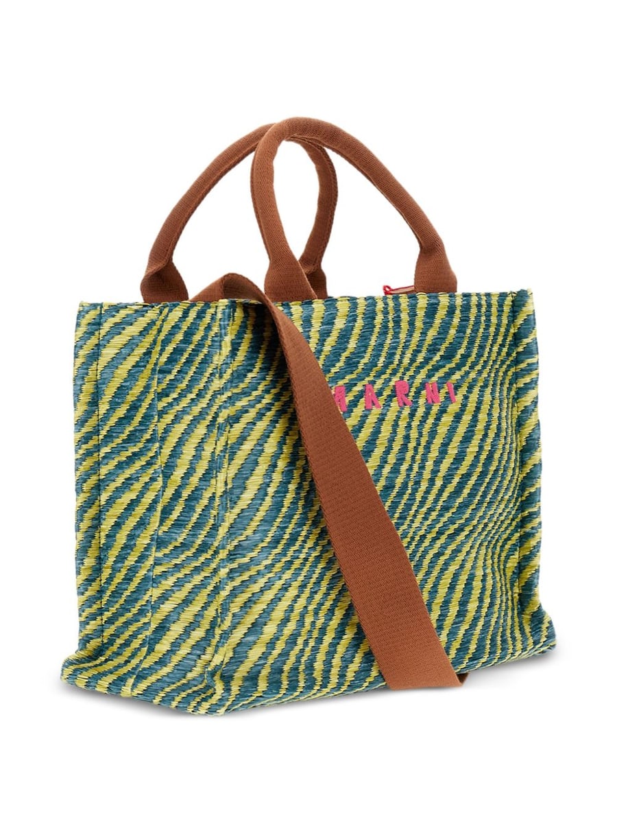 Marni Borsa tote motivo zebrato verde e giallo con logo e tracolla, view 3