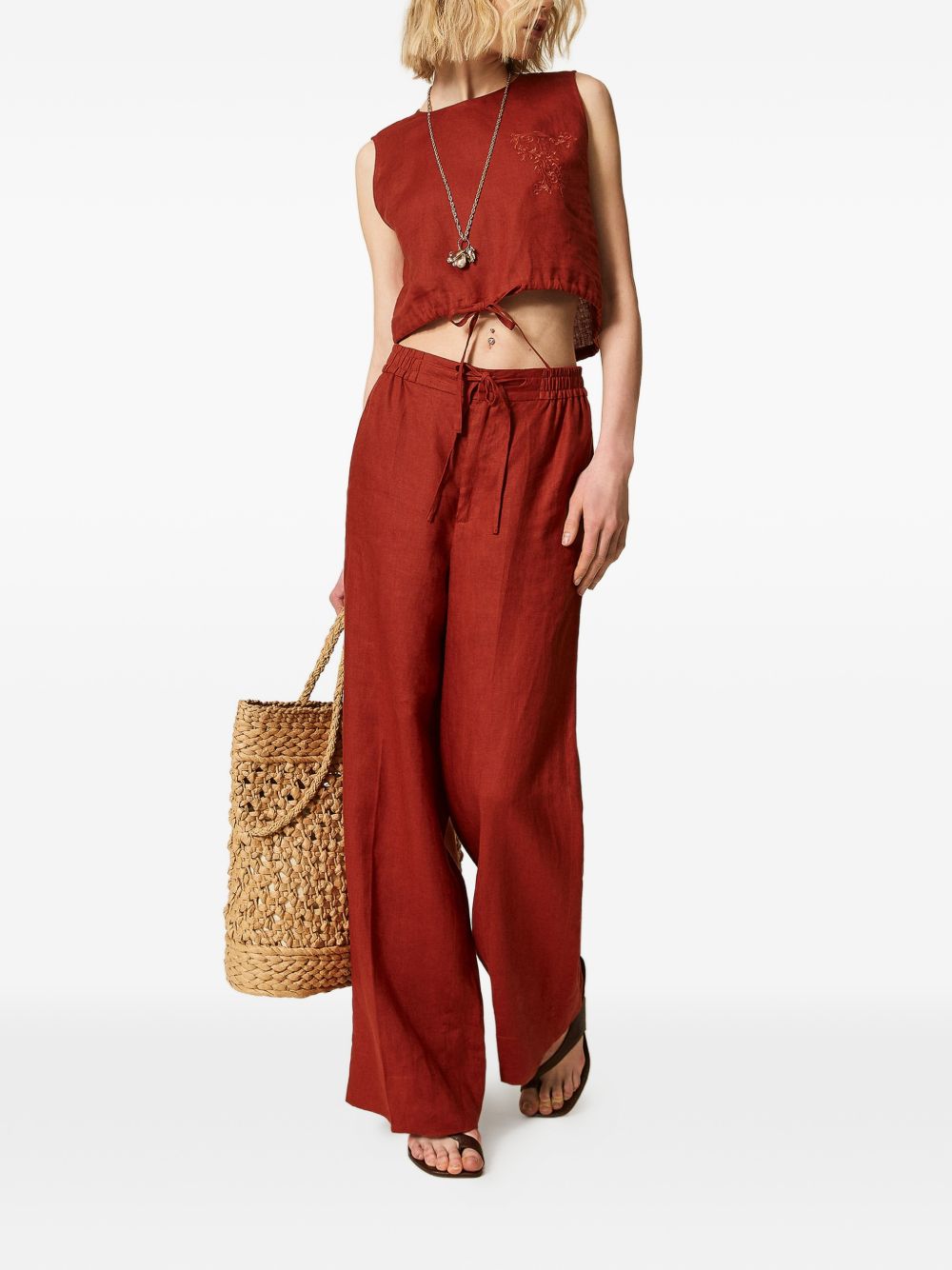 Twinset Pantaloni lunghi di lino color terracotta con coulisse, view 2