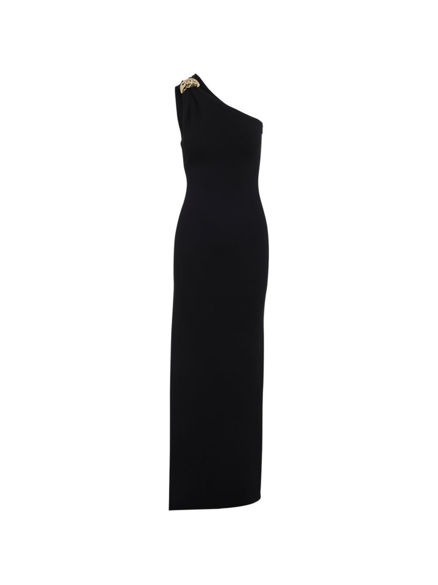 Elisabetta Franchi Abito lungo nero monospalla con fibbia dorata