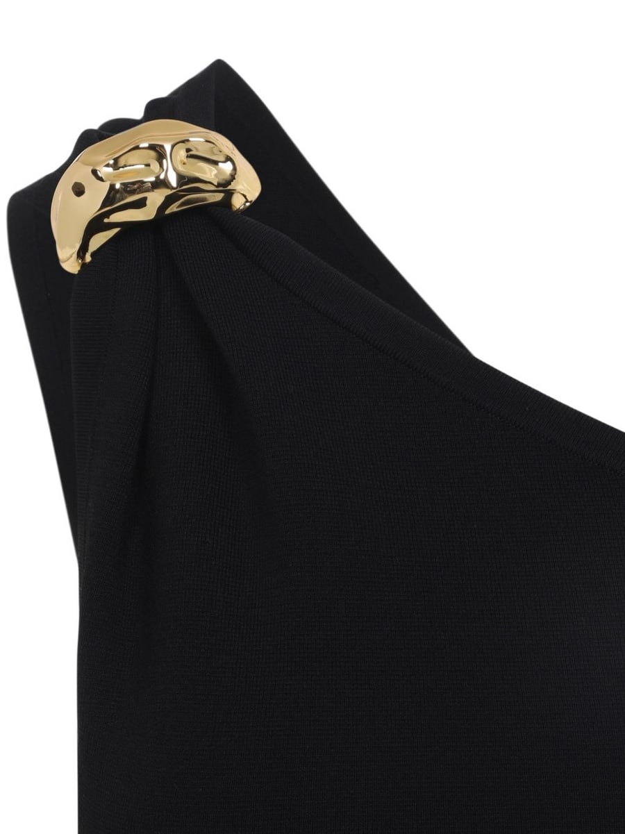Elisabetta Franchi Abito lungo nero monospalla con fibbia dorata, view 4