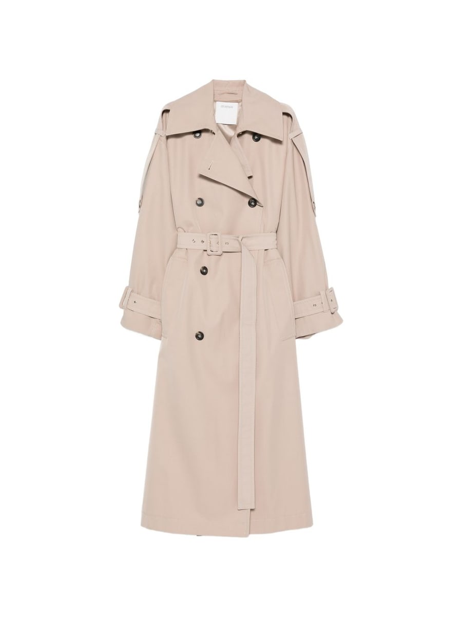 Sportmax Trench beige lungo a doppio petto con cintura in vita