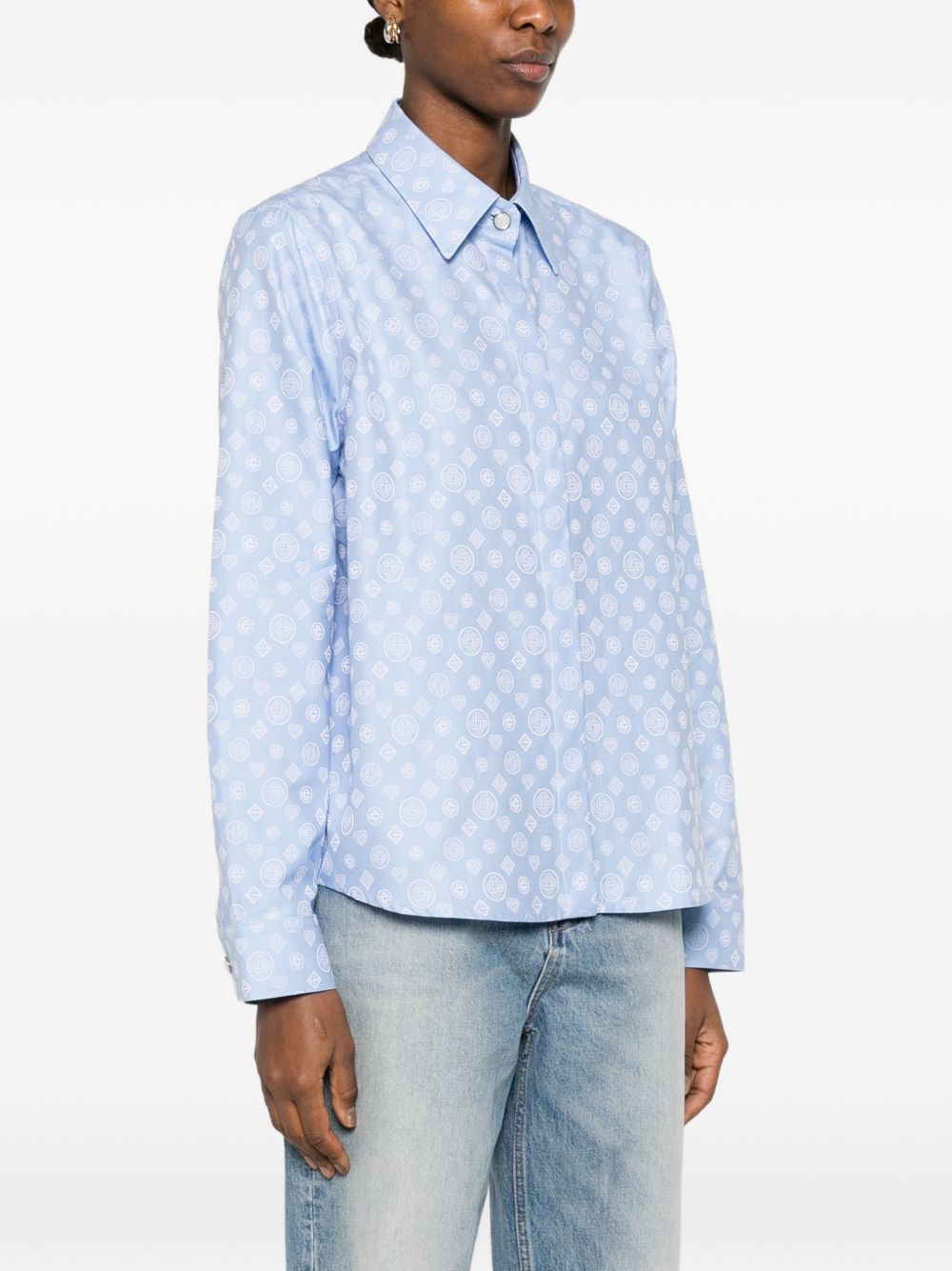 CASABLANCA Camicia svasata in cotone celeste con logo bianco all-over, view 2