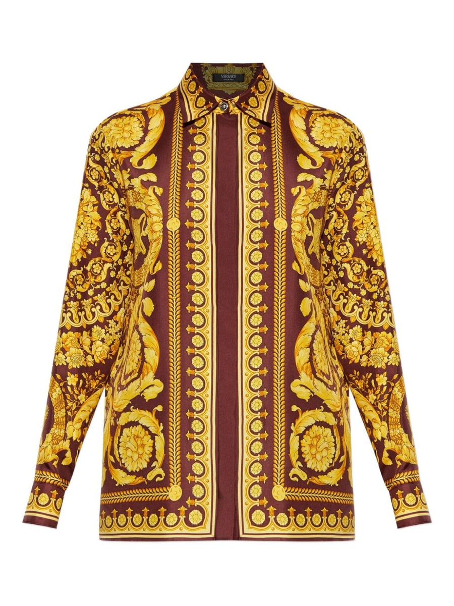 Versace Camicia marrone e gialla in seta con stampa