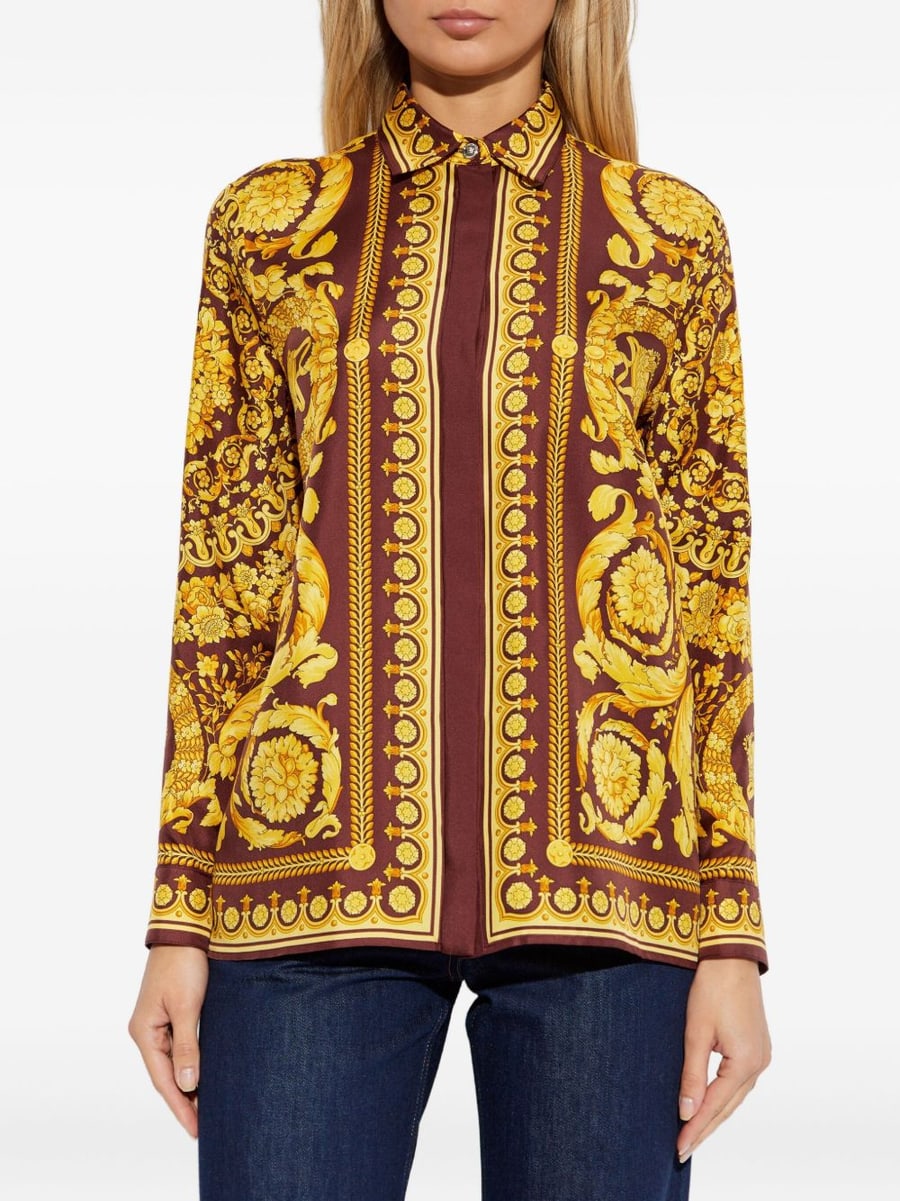 Versace Camicia marrone e gialla in seta con stampa, view 2