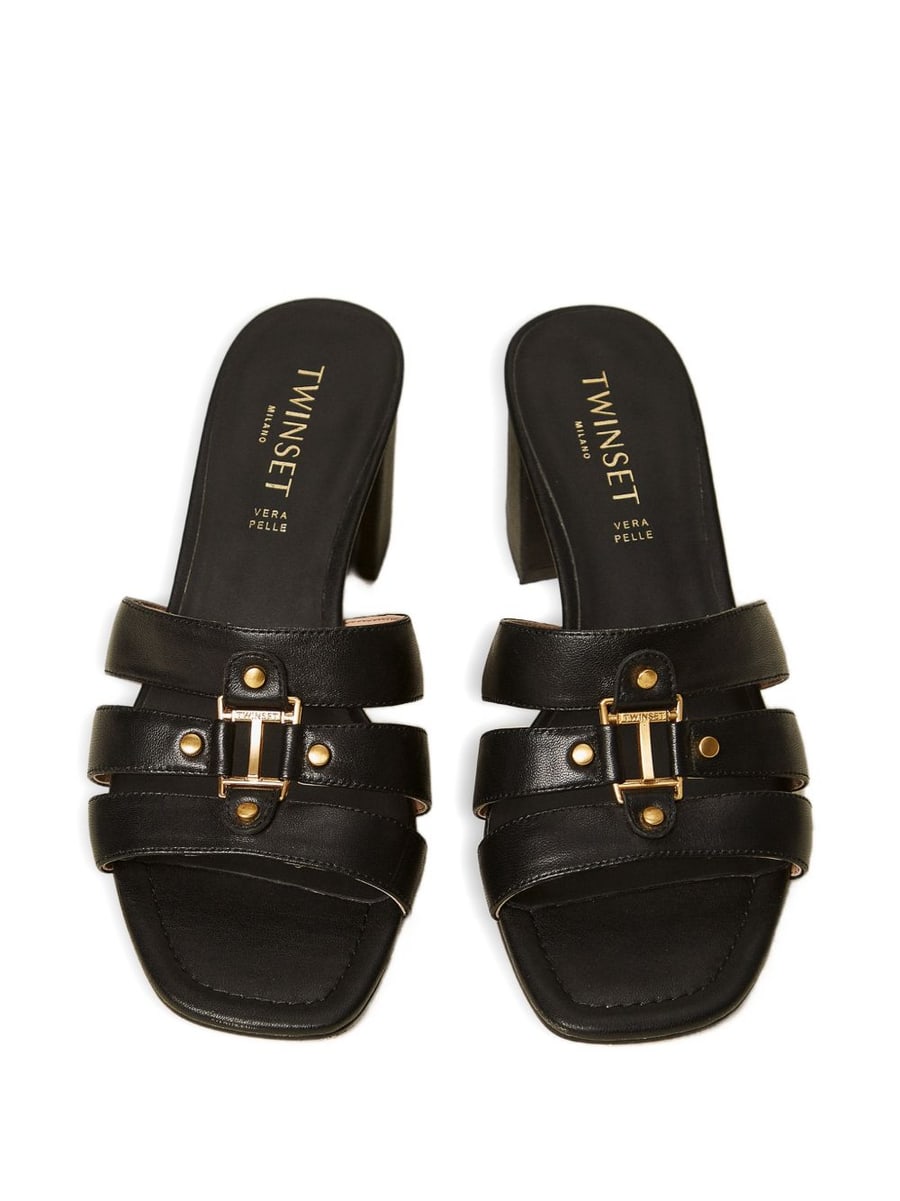 Twinset Mule in pelle nera con logo, view 3