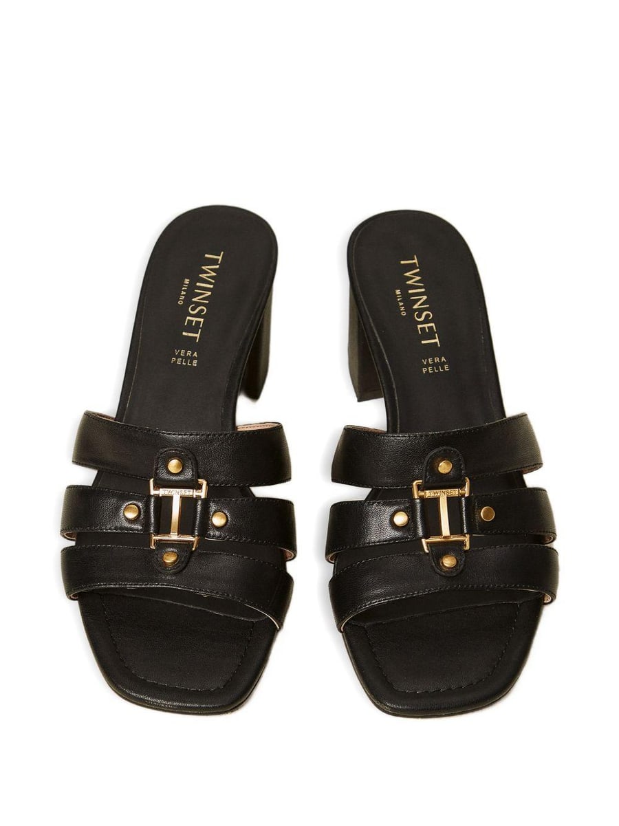 Twinset Mule in pelle nera con logo, view 4