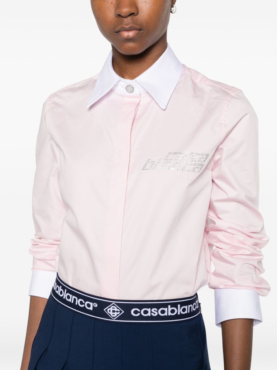 CASABLANCA Camicia con logo strass in cotone rosa, view 4