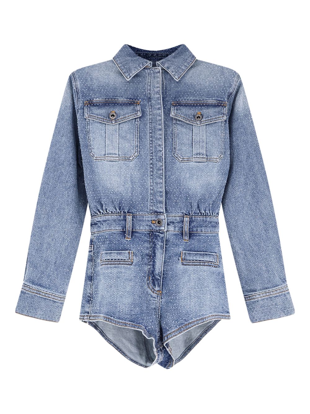 self-portrait Tuta corta denim blu con strass