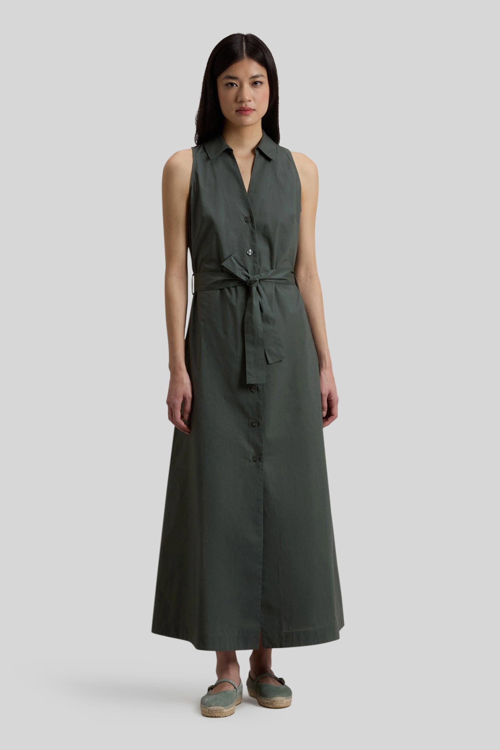 Woolrich Woolrich Abito Chemisier In Popeline Di Puro Cotone Con Cintura Verde Donna