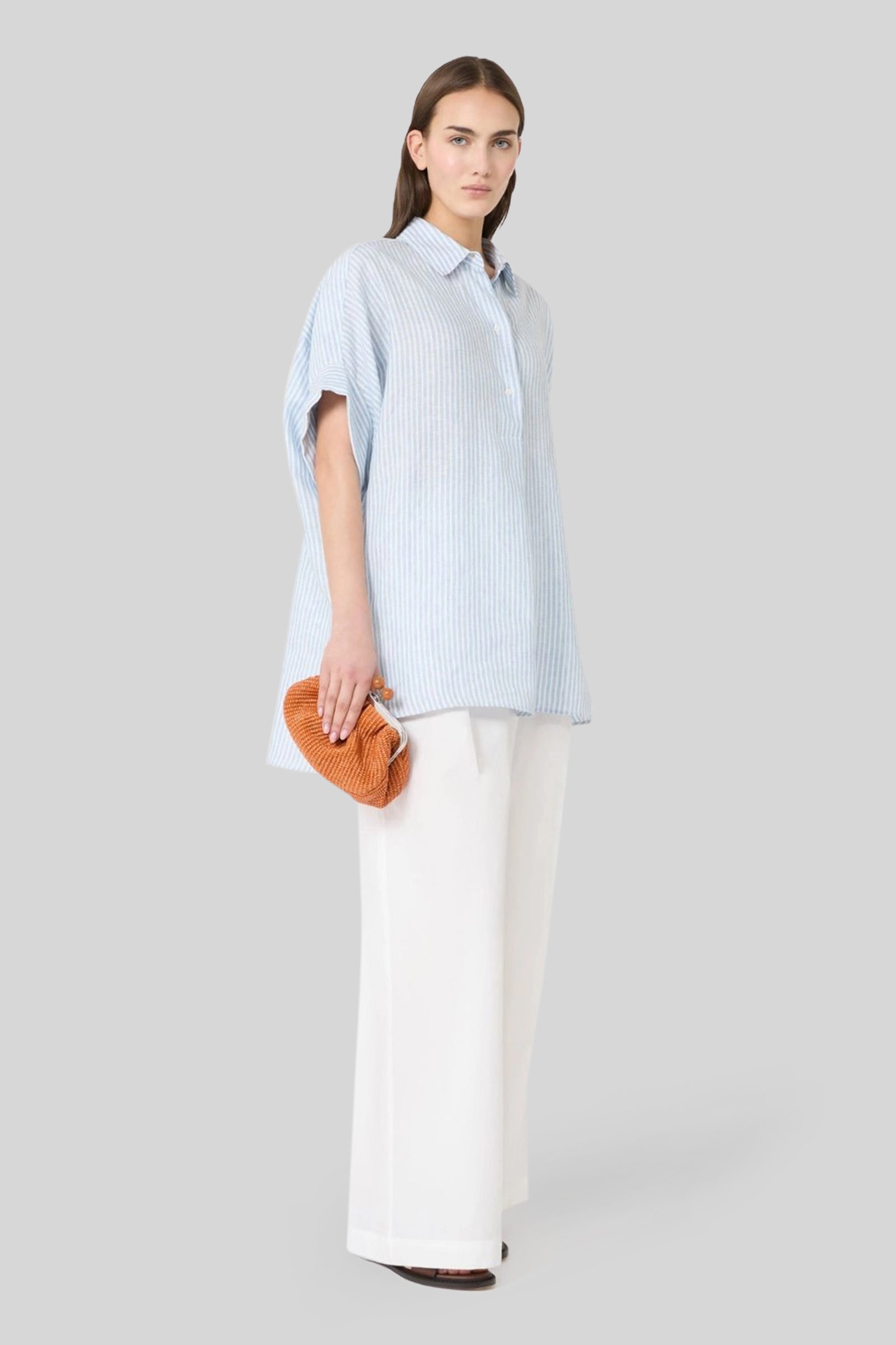 Weekend Max Mara Max Mara Weekend Camicia Verve In Tela Di Lino Bianco/azzurro Donna, view 2