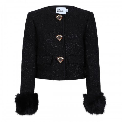 self-portrait Black metallic boucle fur cuff jacket