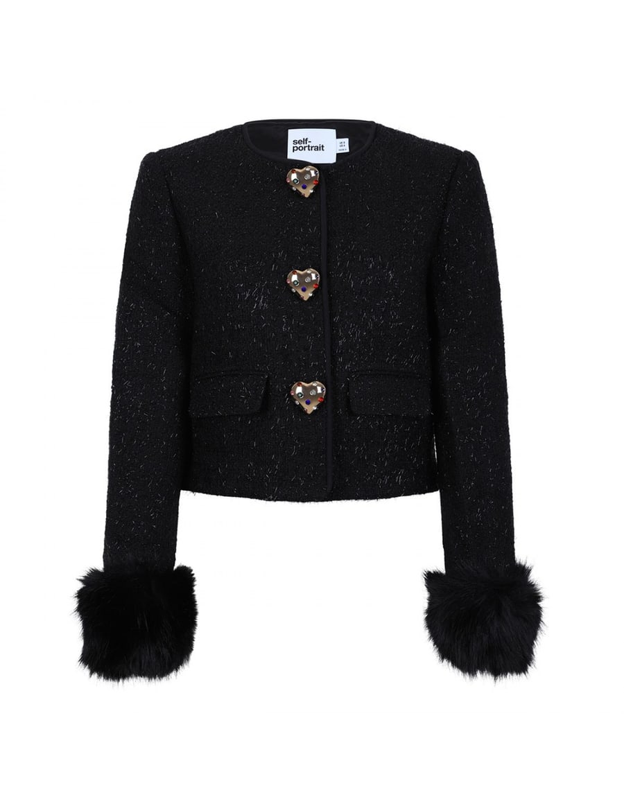 self-portrait Black metallic boucle fur cuff jacket, view 2