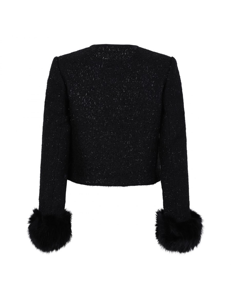 self-portrait Black metallic boucle fur cuff jacket, view 3